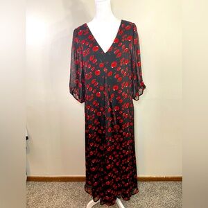 Melloday Black Red Floral V neck Chiffon Flowy Maxi Dress L Romantic Dark Styled